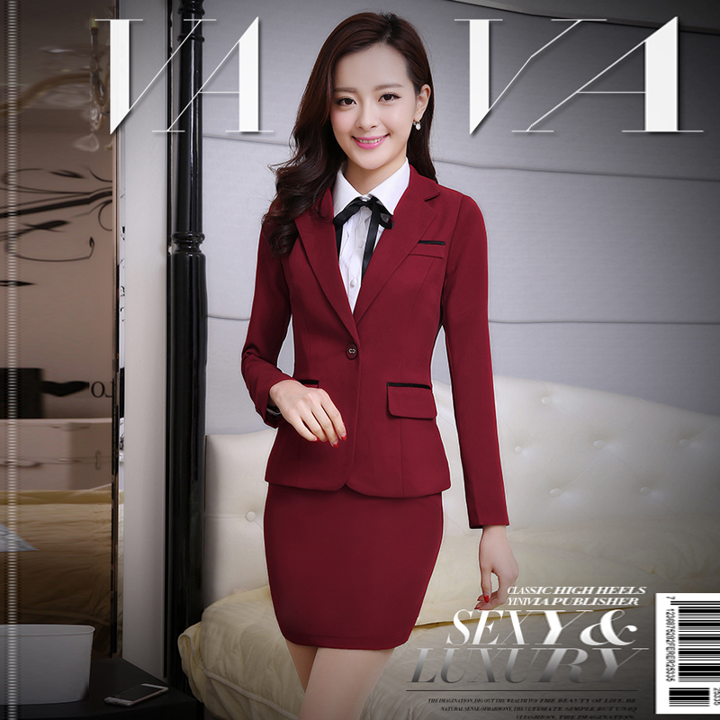 依莱迪2015春秋季美容房地产酒店工作服2件套裙制服长袖OL职业装套装套裙女小西装 黑色套裤 XXL