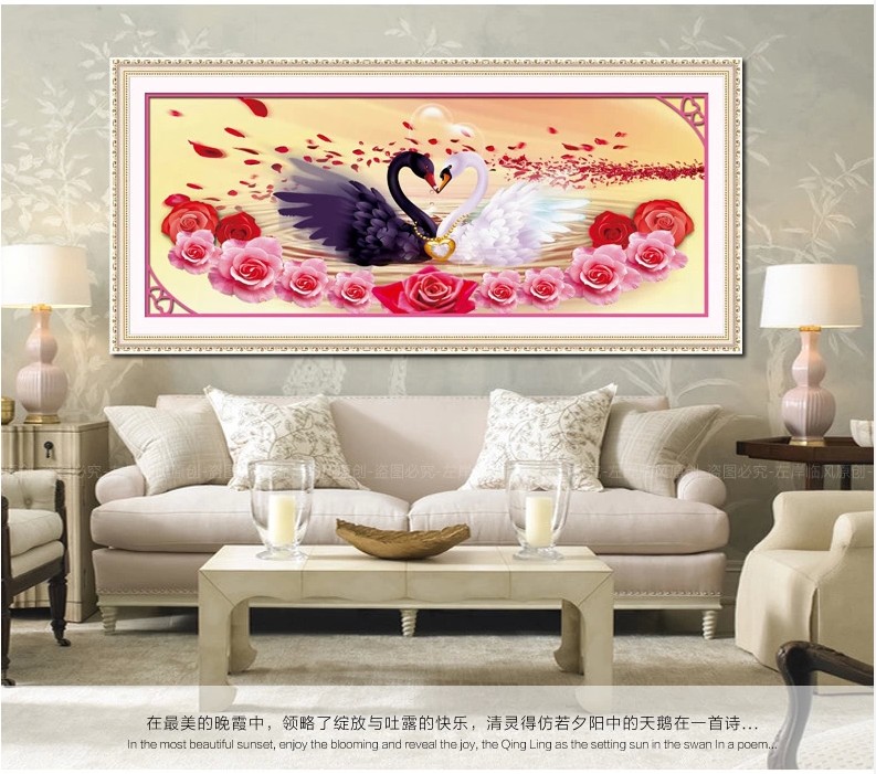 
                                        包邮 蒙娜丽莎十字绣新款客厅大幅装饰画情比金坚系列中国风壁画挂画一对天鹅心心相印玫瑰花婚庆 钻石画情比金坚精华版108*47CM                