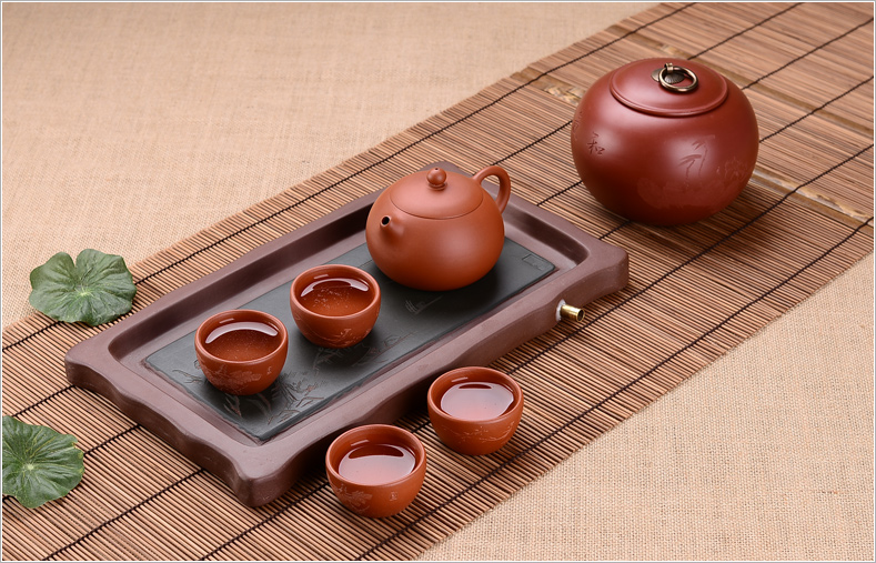 宏中 原矿宜兴紫砂茶叶罐 全手工普洱罐茶缸粗陶密封醒茶存茶罐 手工黄金朱泥-苹果型刻画随机