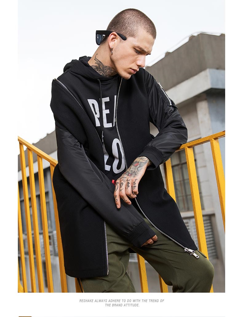 reshake马克华菲型格2017冬季男士长中拼接外套棉服大衣毛呢 311纯黑