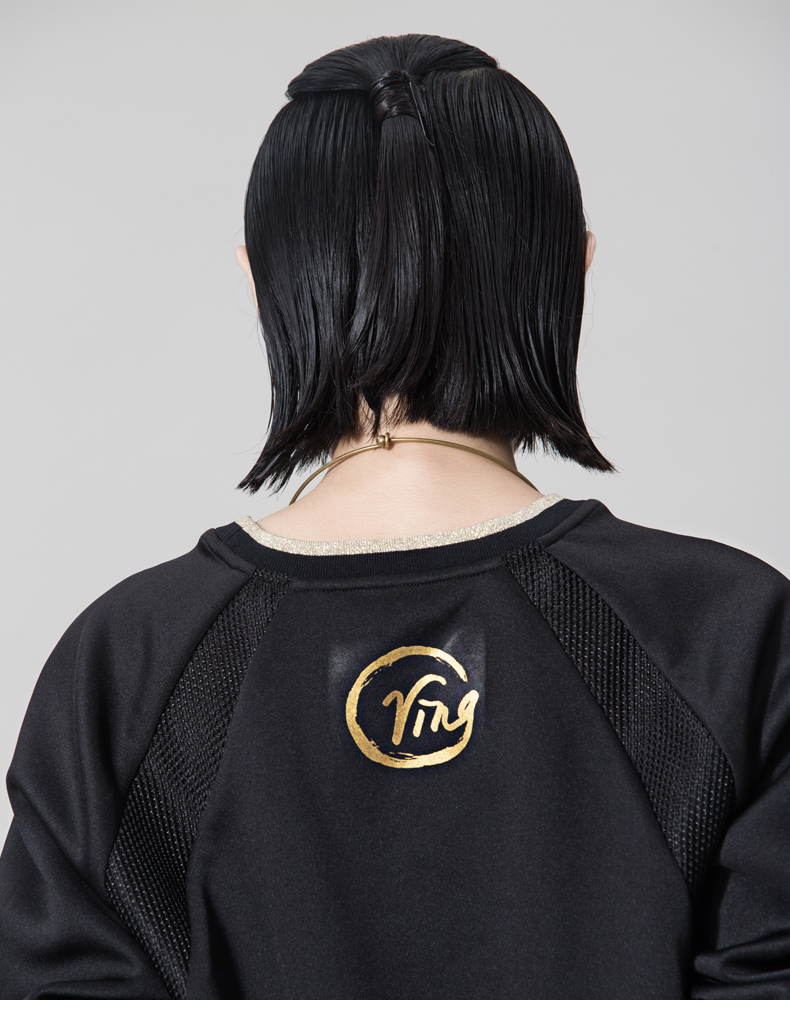 
                                        VING春秋高端女装刺绣网面拼接套头时尚棒球服卫衣女 黑色 XL                