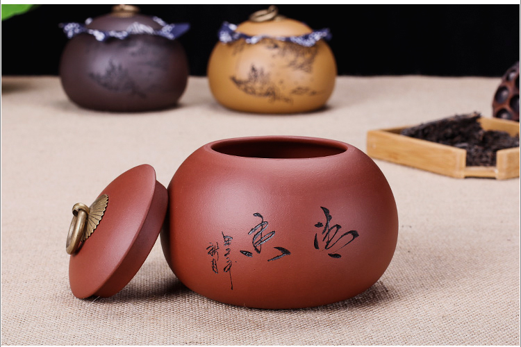 
                                        紫砂茶叶罐 宜兴紫砂茶具 手工醒茶罐 储茶缸大号大码普洱茶罐 紫泥款 紫黑色                