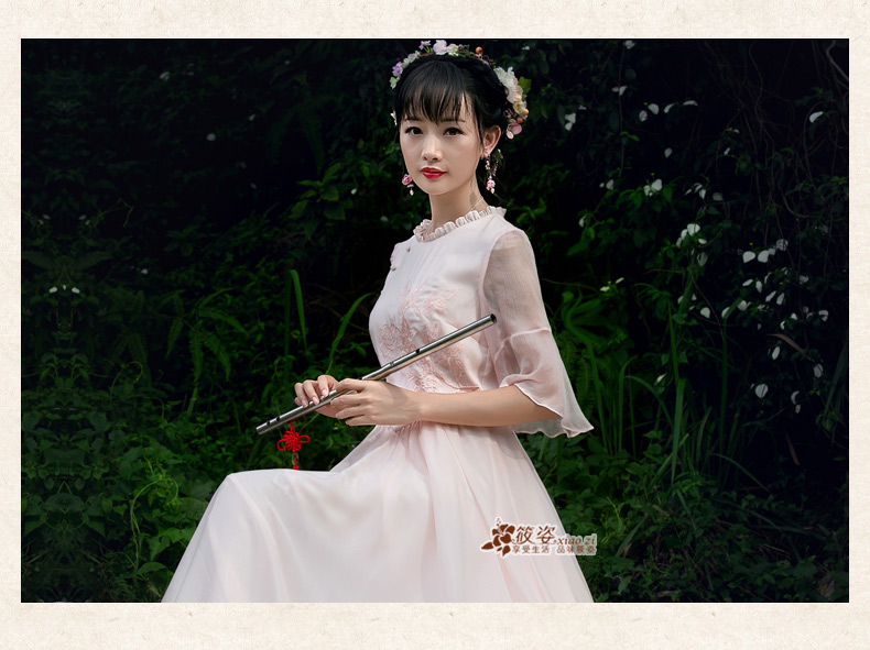筱姿 清舞 2016春夏复古新款 女装木耳边 雪纺 绣花连衣裙长裙 浅粉 M
