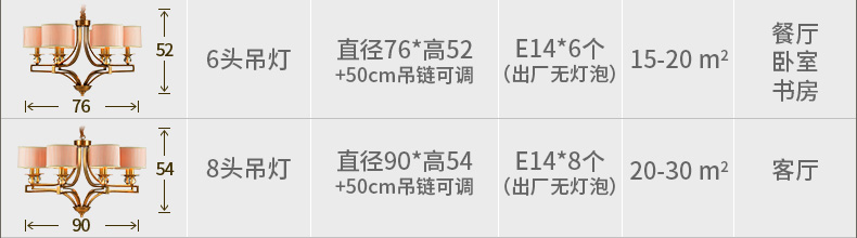 蔻驰全铜灯客厅灯吊灯 欧式铜灯卧室美式灯 餐厅中式现代简约灯具 大气铜灯 6头吊灯