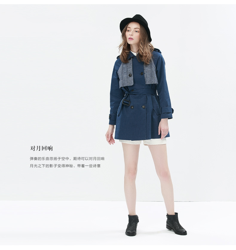 谜底2016新款线上款双排扣风衣外套女短款5CDE0164 海军蓝 M