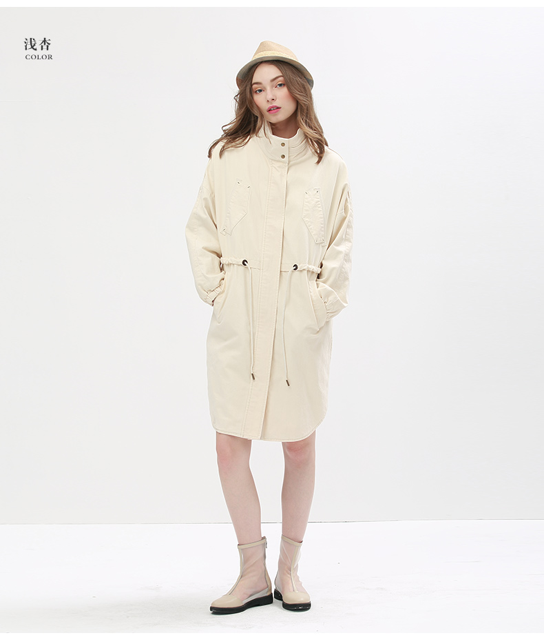 
                                        谜底2016新款文艺纯棉风衣外套女中长款5CDW0130 棕绿 XL                