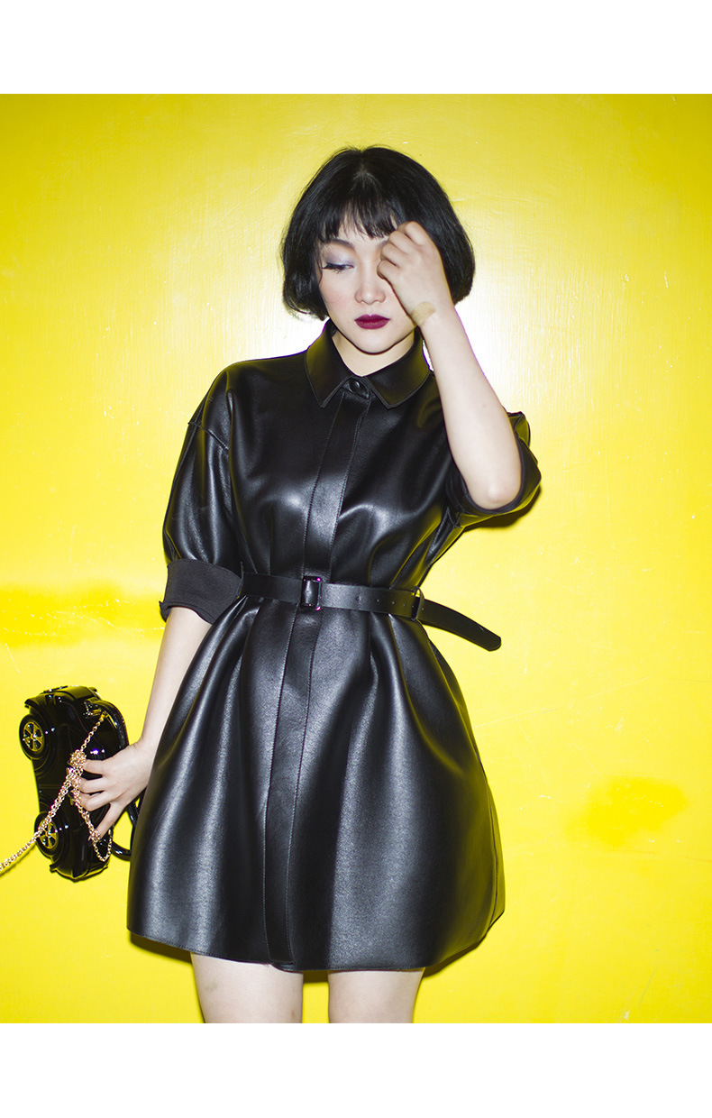 dingdu春秋新款中长款皮衣连衣裙女装显瘦皮外套收腰皮