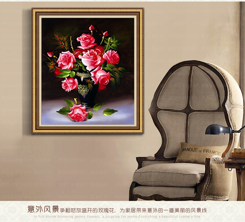 
                                        包邮 皇家至尊蒙娜丽莎十字绣客厅新款壁画挂画玫瑰花5D钻石画圆钻玄关3D印花立体绣餐厅油画 钻石画小红花瓶45*55厘米.                