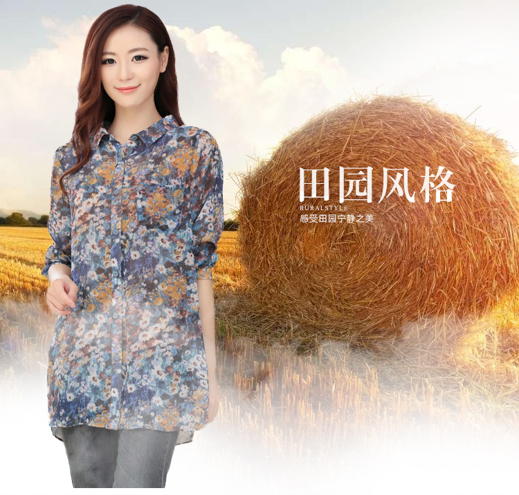 
                                        质裳 雪纺衫女中长款女长袖衬衫春装新款印花薄款翻领13C3107 花色 XL【建议116-125斤】                