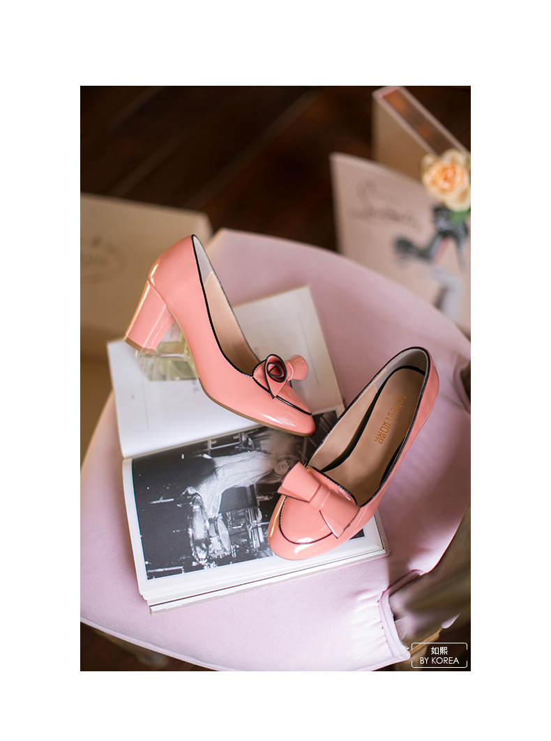 如熙2015秋季新款女韩版卷边蝴蝶结高跟粗跟鞋尖头套脚单鞋152101