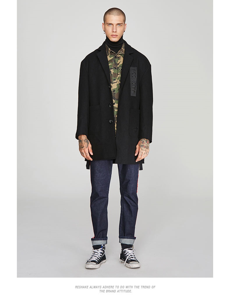 reshake马克华菲型格 2017冬季男毛呢大衣中长款简约风衣 311纯黑 165