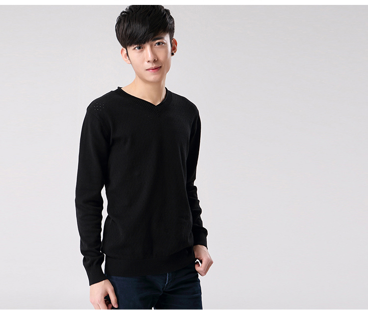 衣之纯2015秋冬新品针织打底毛线衫男装v领简约百搭长袖款 黑色 xl
