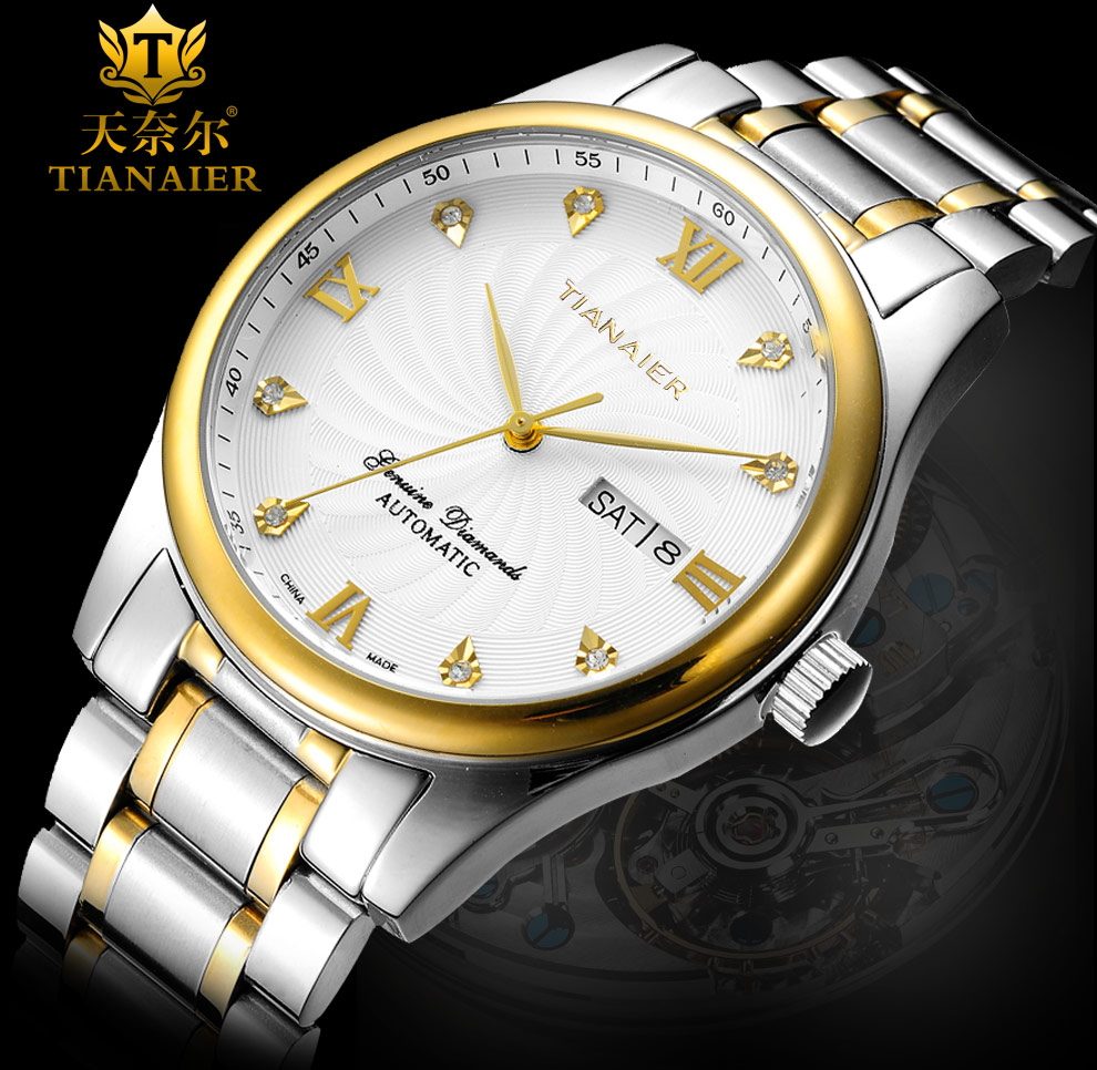天奈尔(tianaier)手表男士全自动机械表钢带防水商务皮带男表双日历