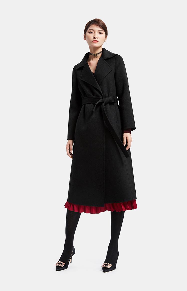 哥弟女装2018秋冬新款水波纹双面呢羊绒大衣长款外套a400123 黑 m(3码