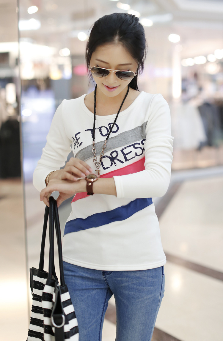 柳媛2015秋季韩版百搭气质纯棉圆领字母粗斜条纹印花修身长袖 白色 m