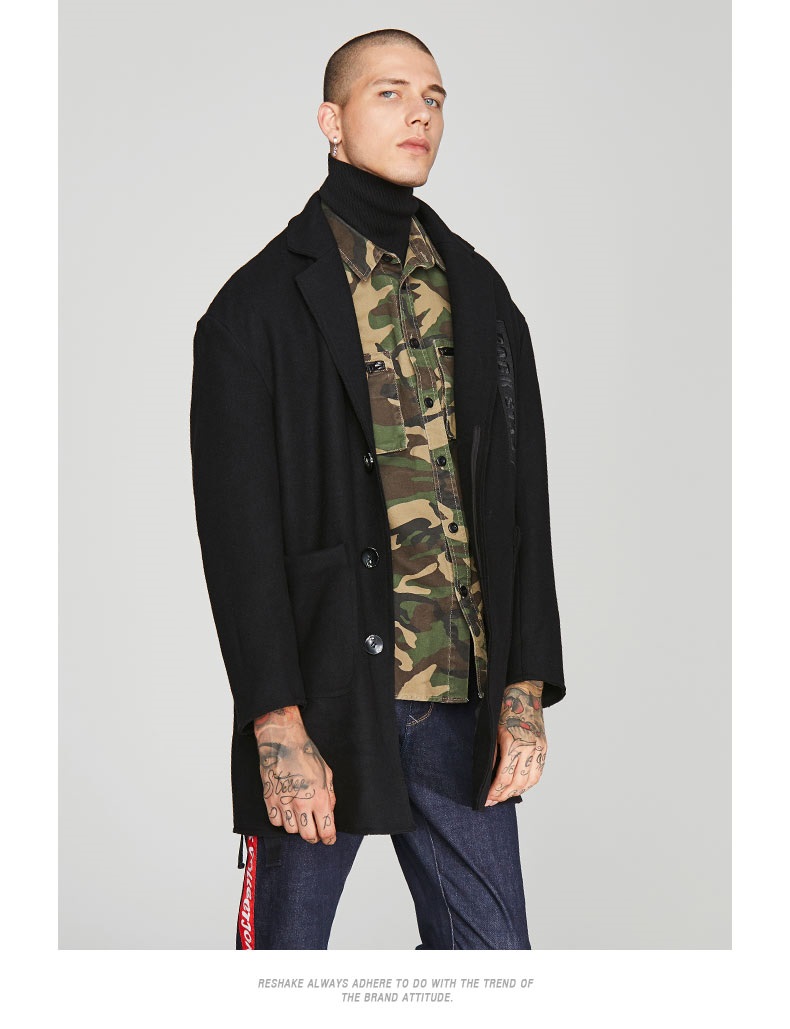 reshake马克华菲型格 2017冬季男毛呢大衣中长款简约风衣 311纯黑 180