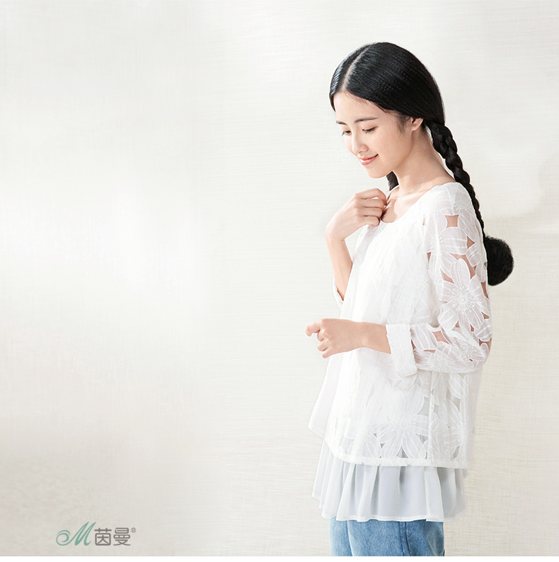 【秋冬特惠】茵曼春装新款淑女提花圆领长袖套头雪纺衫女【8532910044】 象牙白 M