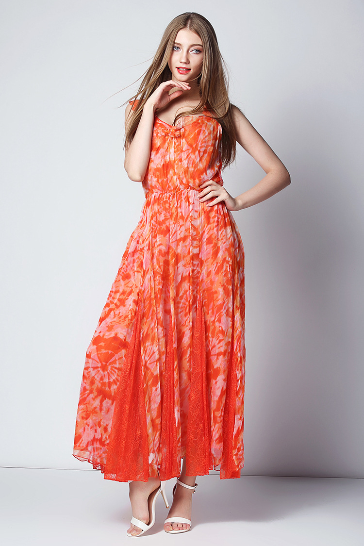 九月服饰欧洲站2016夏季新款波西米亚长裙印花真丝连衣裙吊带裙a1141