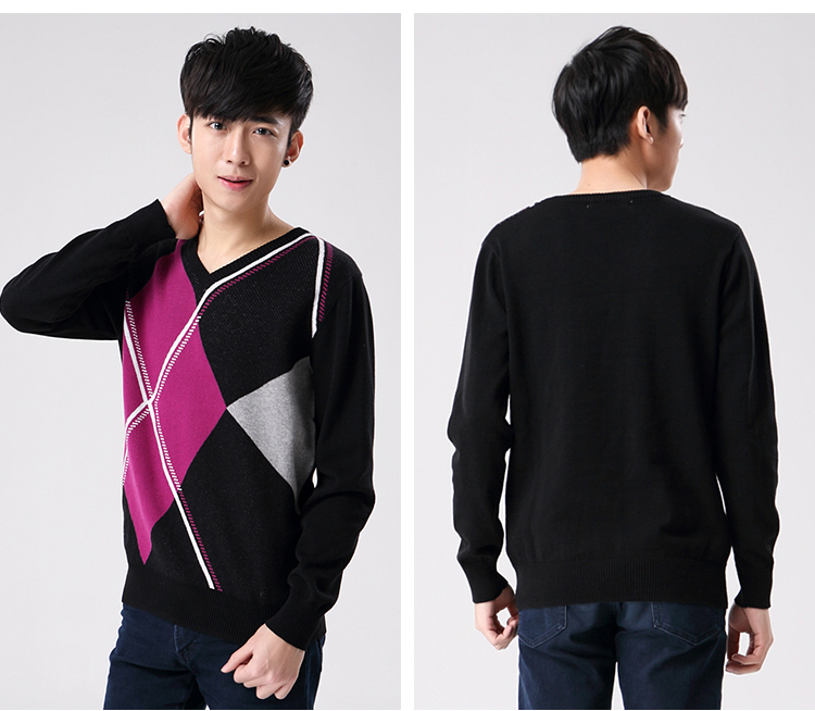 衣之纯2015秋冬新品男装针织衫 v领毛线衣打底几何图长袖款 黑色 xl