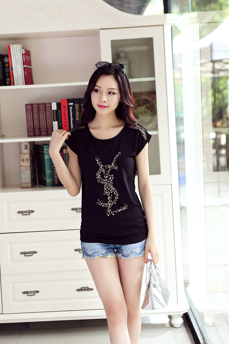 曼可娜 夏装t恤女短袖上衣女韩版修身烫钻纯棉显瘦大码女体恤5557