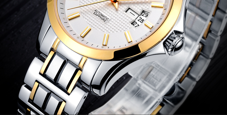 天际(tinze)机械表 钨钢表带 双日历男士手表 夜光防水男表5567 金边