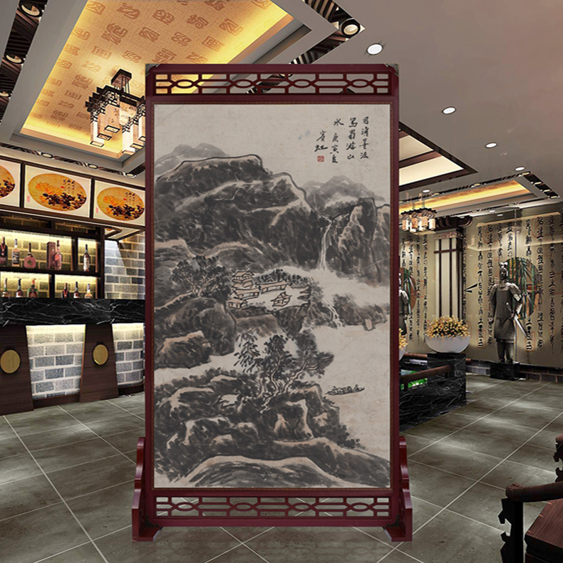 定制皮革座屏 中式书房酒店屏风 玄关办公室摄影客厅隔断双面屏风 黄宾虹 富春江图 120cm宽X180高 左右镂空