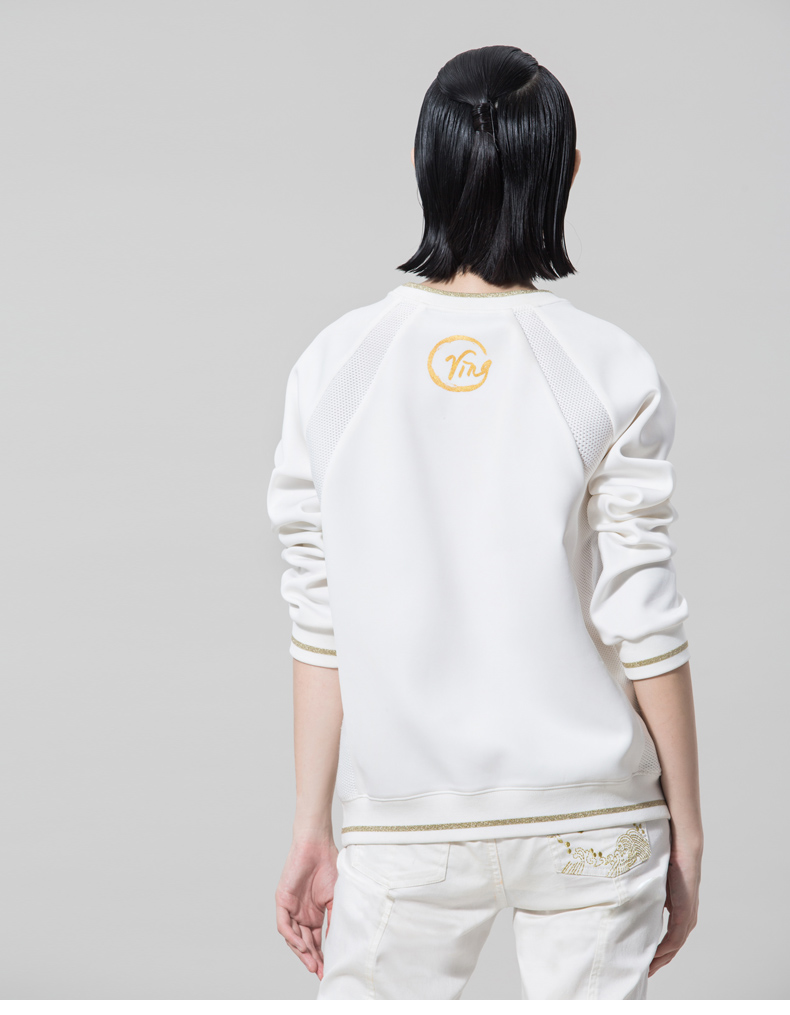 
                                        VING春秋高端女装刺绣网面拼接套头时尚棒球服卫衣女 黑色 XL                