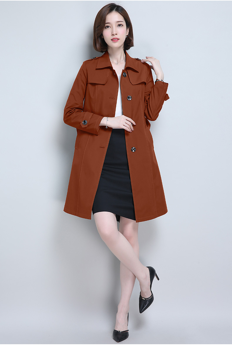 恒源祥秋季新品女士风衣中长款纯色上衣单排扣大码显瘦外套女 2号藏青