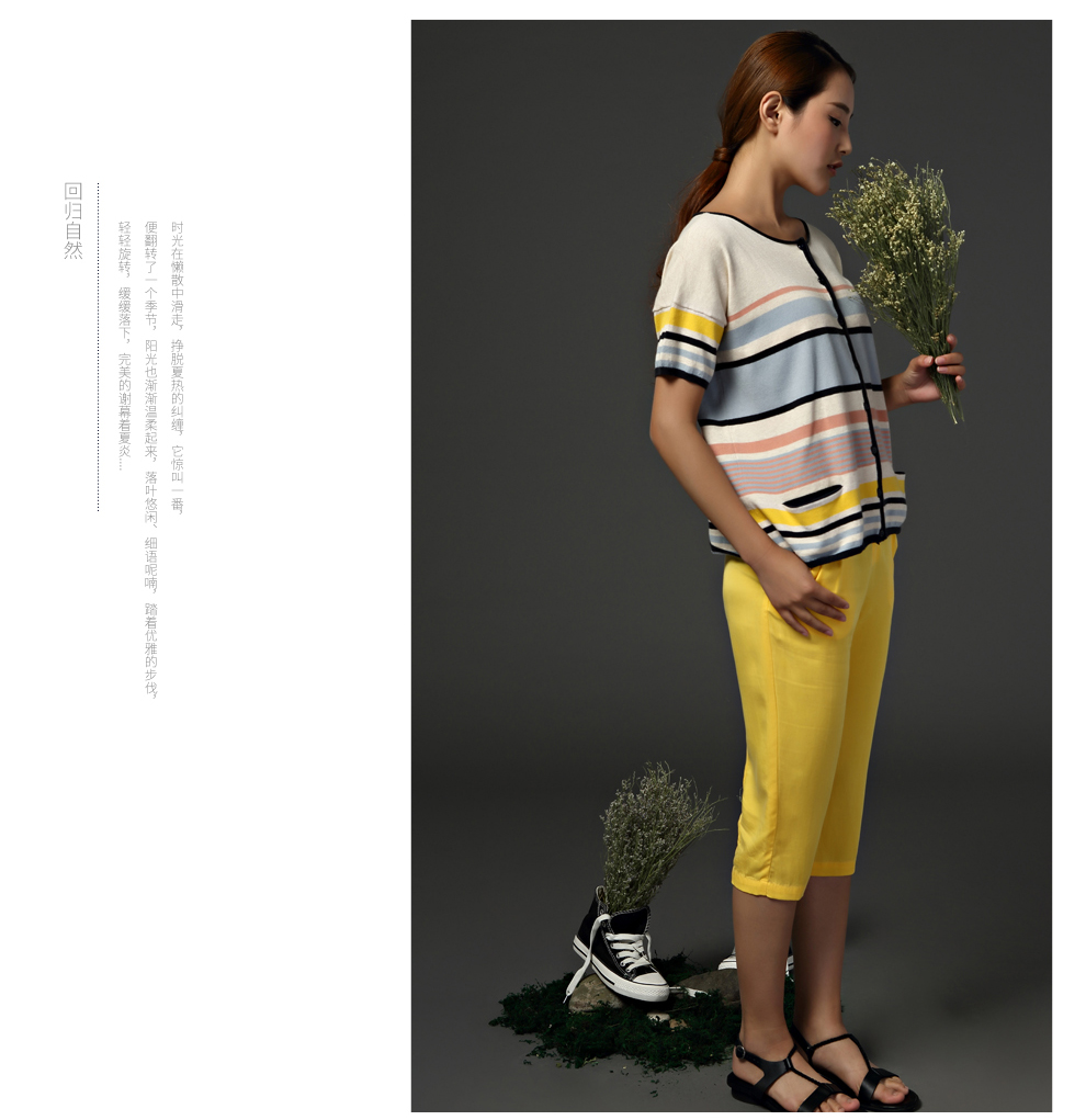达芭娜 2015夏季新款 彩条开衫半袖 纯棉圆领衬衫 女休闲t恤有口袋