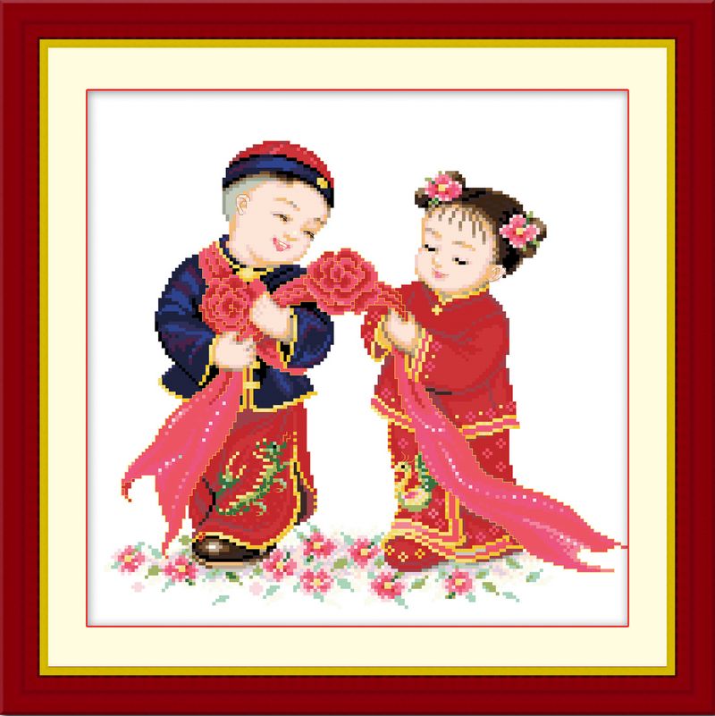
                                        皇家至尊蒙娜丽莎十字绣新款客厅玄关新婚印花十字绣大幅金童玉女装饰画新婚祝福喜结良缘墙画 248金童玉女45*45CM.                