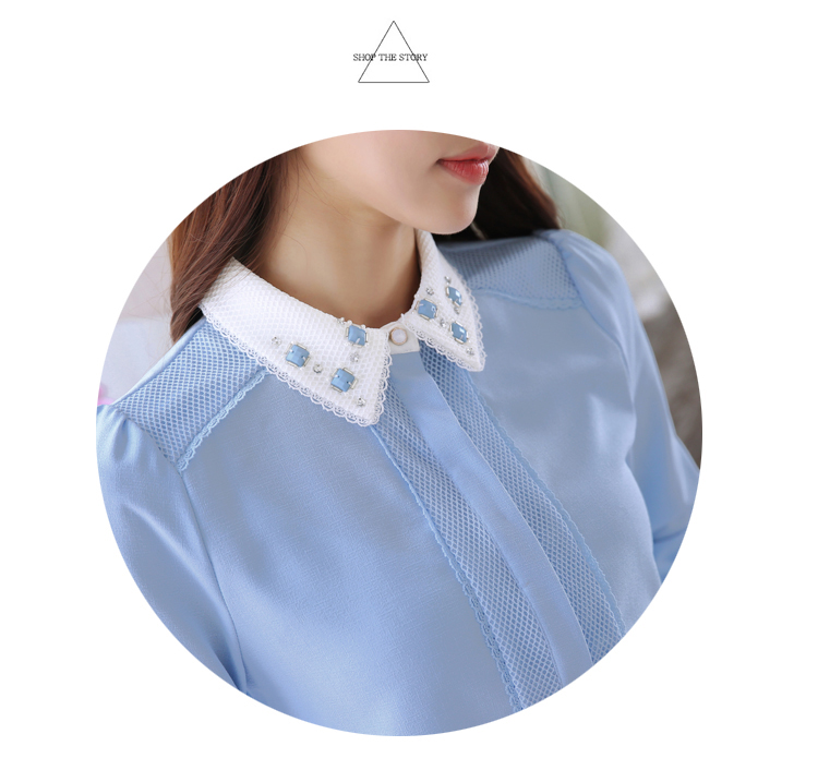
                                        莎太 蕾丝雪纺衬衫女 2017新款春装打底衫 潮韩版女装气质上衣女长袖职业蓝色衬衣女 蓝色加绒款 XL                