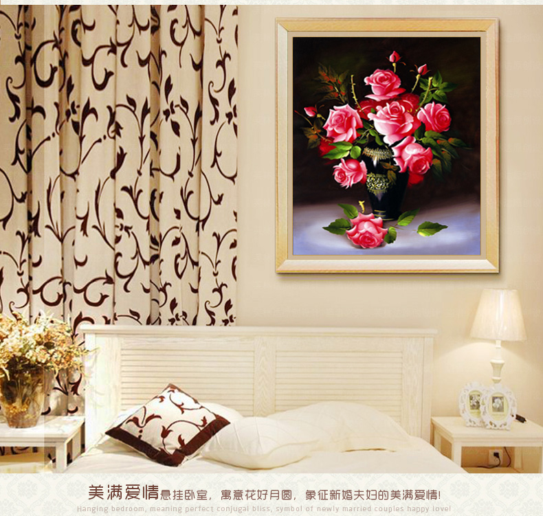 
                                        包邮 皇家至尊蒙娜丽莎十字绣客厅新款壁画挂画玫瑰花5D钻石画圆钻玄关3D印花立体绣餐厅油画 钻石画小红花瓶45*55厘米.                