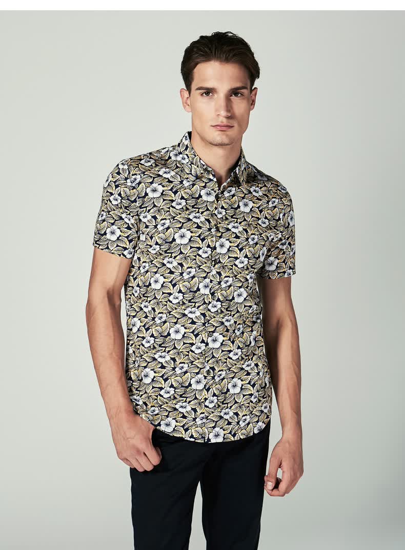 劲霸双色花卉清爽印花纯棉短袖丝光棉衬衫男|fdbl2388 深钴蓝 170