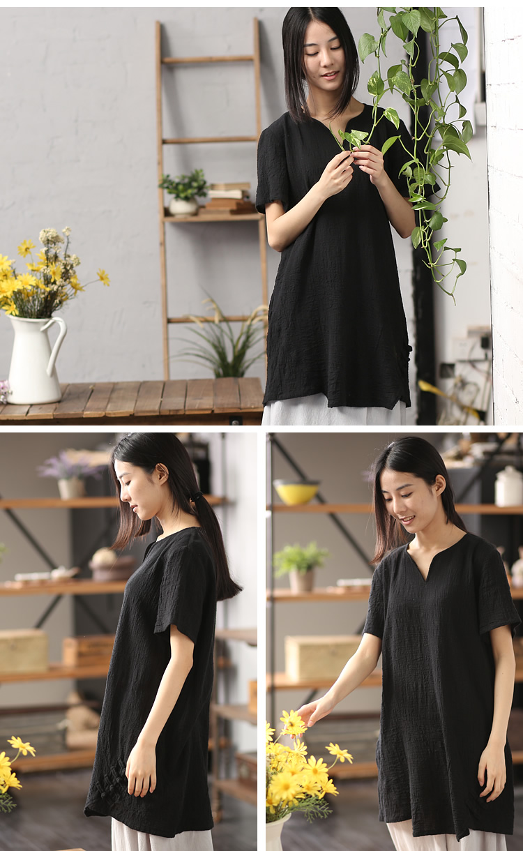 棉叙 第5062页 2016夏装新品盘扣衬衣宽松棉麻短袖衬衫 黑色长衬衫女 黑色 M