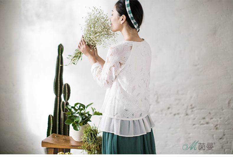 【秋冬特惠】茵曼春装新款淑女提花圆领长袖套头雪纺衫女【8532910044】 象牙白 M