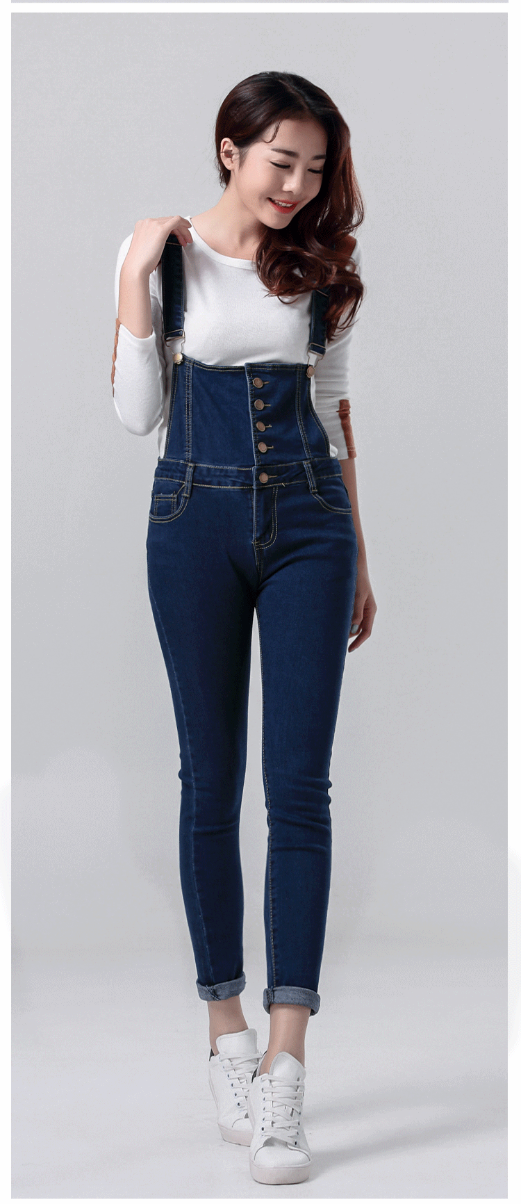 茵谜※2015秋装新款修身牛仔背带裤吊带连体裤 蓝色 xl