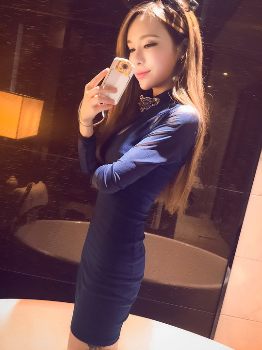 
                                        古奈玫2016秋装女性感连衣裙长袖蕾丝包臀裙时尚夜店性感短裙名媛显瘦一步裙送胸针37 黑色 S                