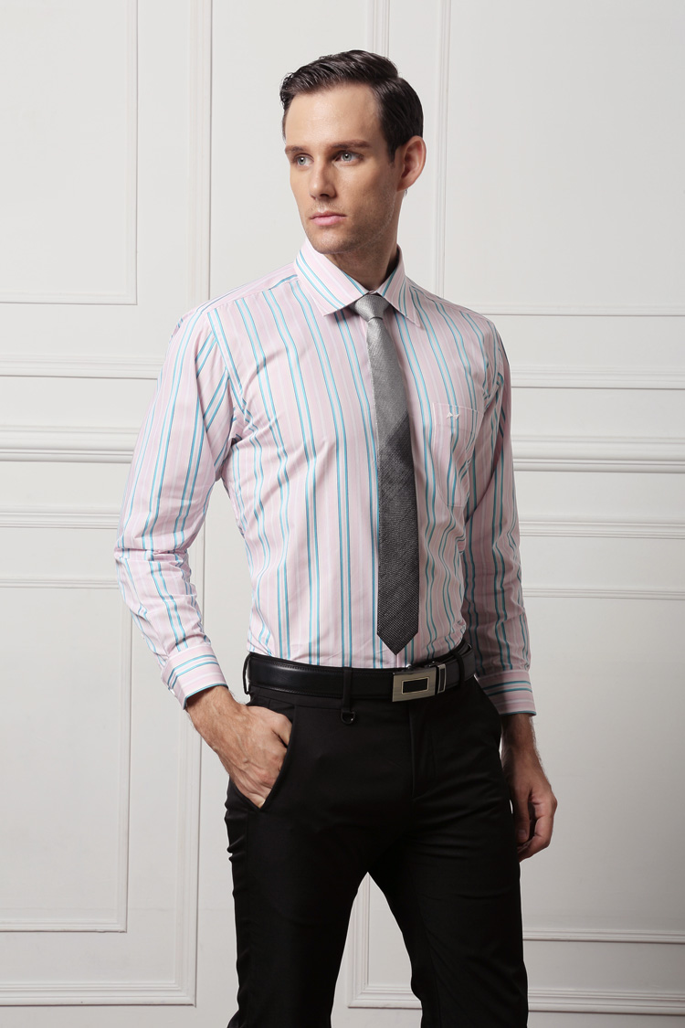 乔治白giuseppe 2015春装新款 男士长袖衬衫 商务休闲条纹衬衣 粉红色