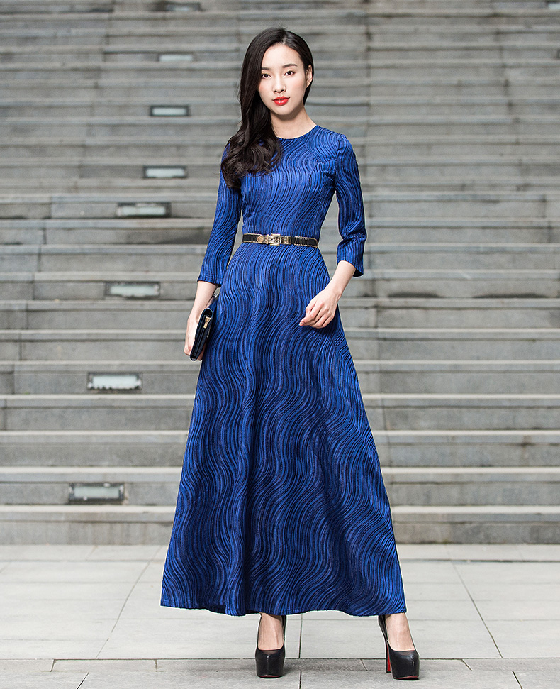 帝弗润驰 春装新款连衣裙修身长款收腰a字裙 长款长袖长裙子 蓝色 3xl