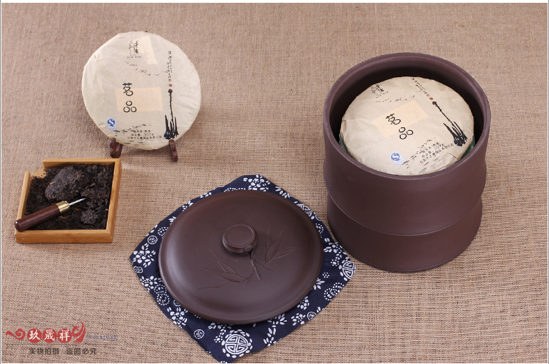 宜兴紫砂茶叶罐 普洱茶缸粗陶存茶罐大号茶叶桶 竹段紫砂缸七饼
