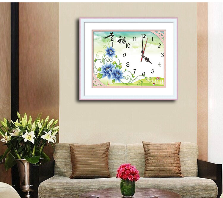 蒙娜丽莎十字绣5D钻石画十字绣贴钻画玫瑰花幸福挂钟系列圆钻钻石秀现代挂画蓝色玫瑰花最深的爱 钻石画小版幸福花开53*41.