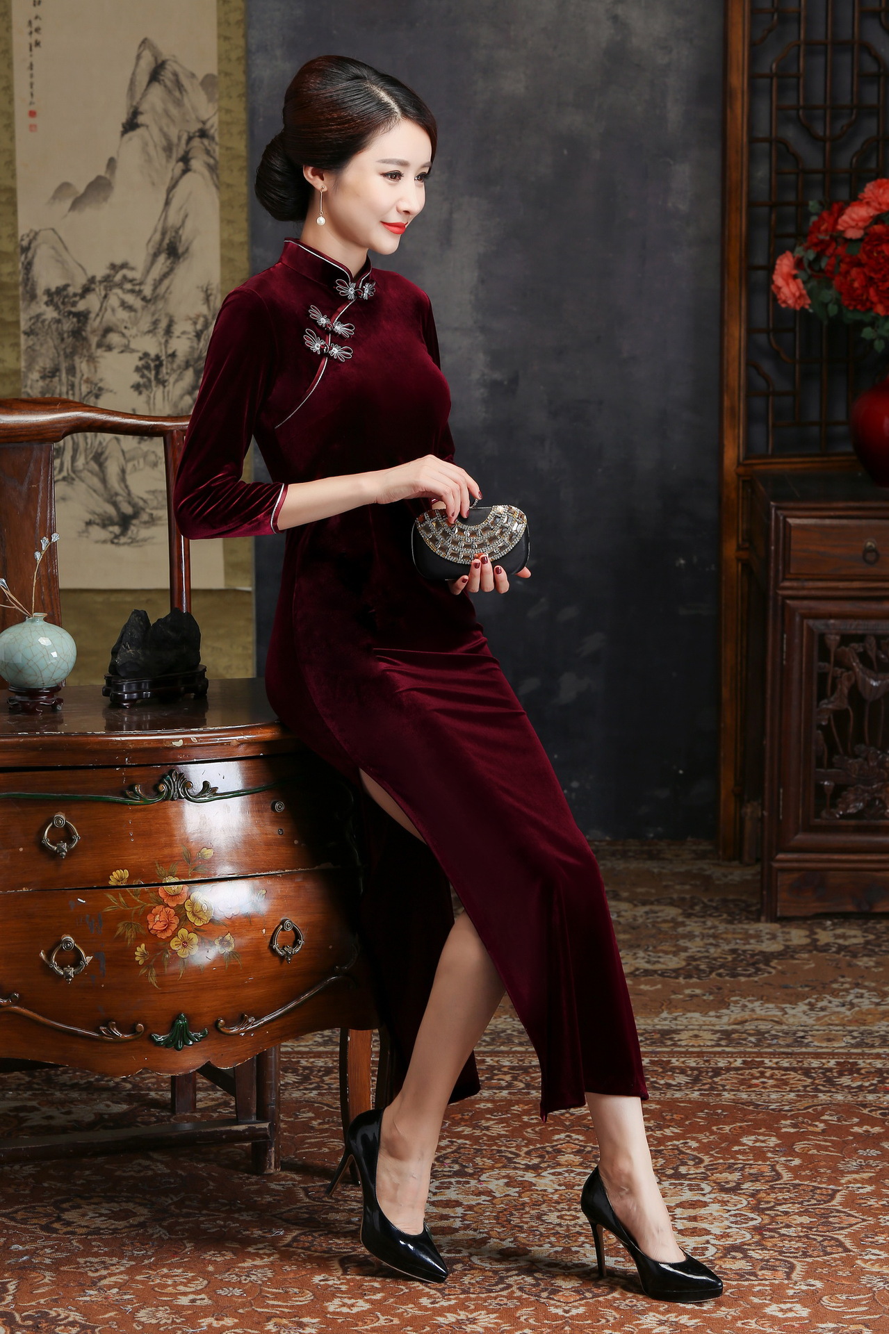 改良金丝绒旗袍加绒加厚春秋季新款九分袖丝绒旗袍裙修身显瘦复古礼服