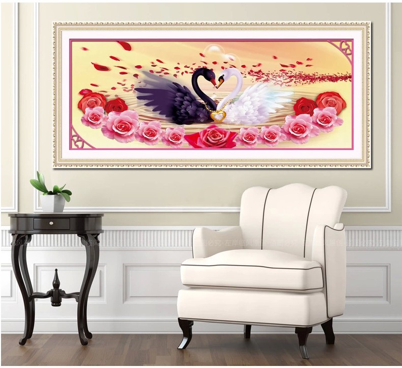 
                                        包邮 蒙娜丽莎十字绣新款客厅大幅装饰画情比金坚系列中国风壁画挂画一对天鹅心心相印玫瑰花婚庆 钻石画情比金坚精华版108*47CM                