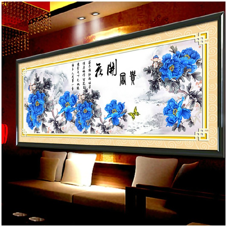 
                                        蒙娜丽莎十字绣5D系列钻石画花开富贵蓝色版钻石绣砖石绣贴钻绣水晶十字绣圆钻新款蓝色牡丹花 棉线3股线蓝色牡丹180*60厘米                