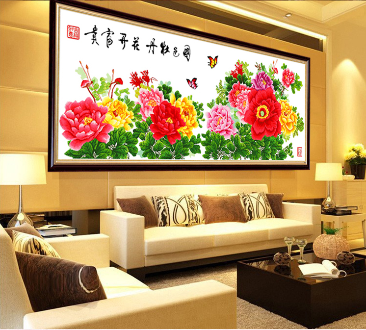 
                                                            包邮皇家至尊蒙娜丽莎十字绣新款客厅大幅背景墙画花开富贵中国风国色九尺牡丹花3米壁画2米艺术 2.1米（丝线）210*90厘米【免费补线】                