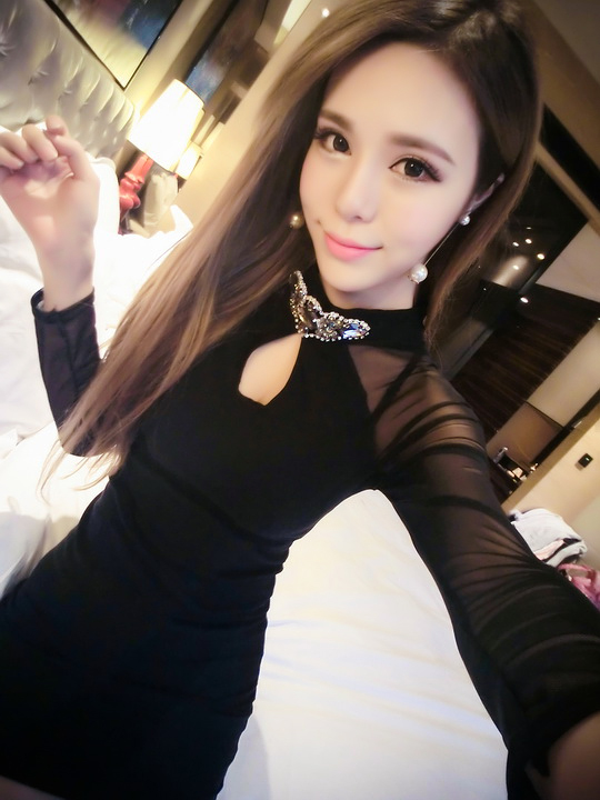
                                        古奈玫2016秋装女性感连衣裙长袖蕾丝包臀裙时尚夜店性感短裙名媛显瘦一步裙送胸针37 黑色 S                