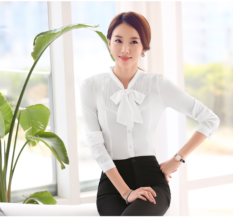 玖索职业装秋冬装新款女装长袖大码衬衫翻领时尚修身白衬衫工作服 白色长袖衬衫 M