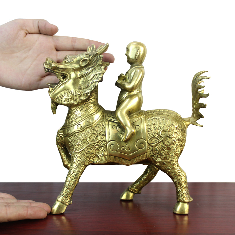 男童女 童子骑铜麒麟 黄铜麒麟工艺品摆件 黄铜色童男童女骑麒麟一对