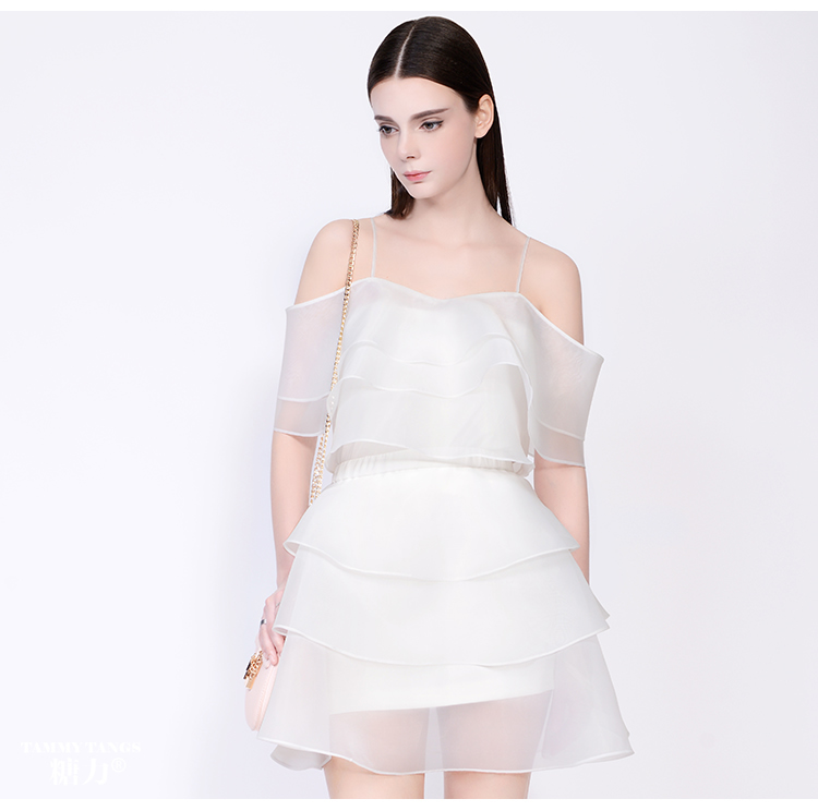 TAMMYTANGS糖力2015夏季白色轻薄雪纺度假风吊带露肩连衣裙套装 Crystal白 M