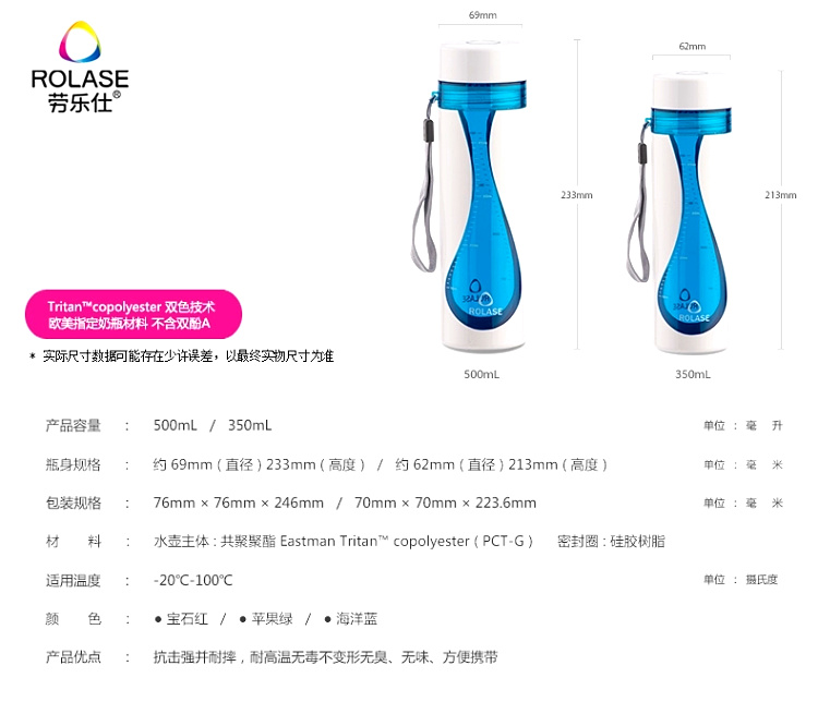 劳乐仕 男女士商务便携随手杯 耐摔塑料运动泡茶水杯 海洋蓝500ml